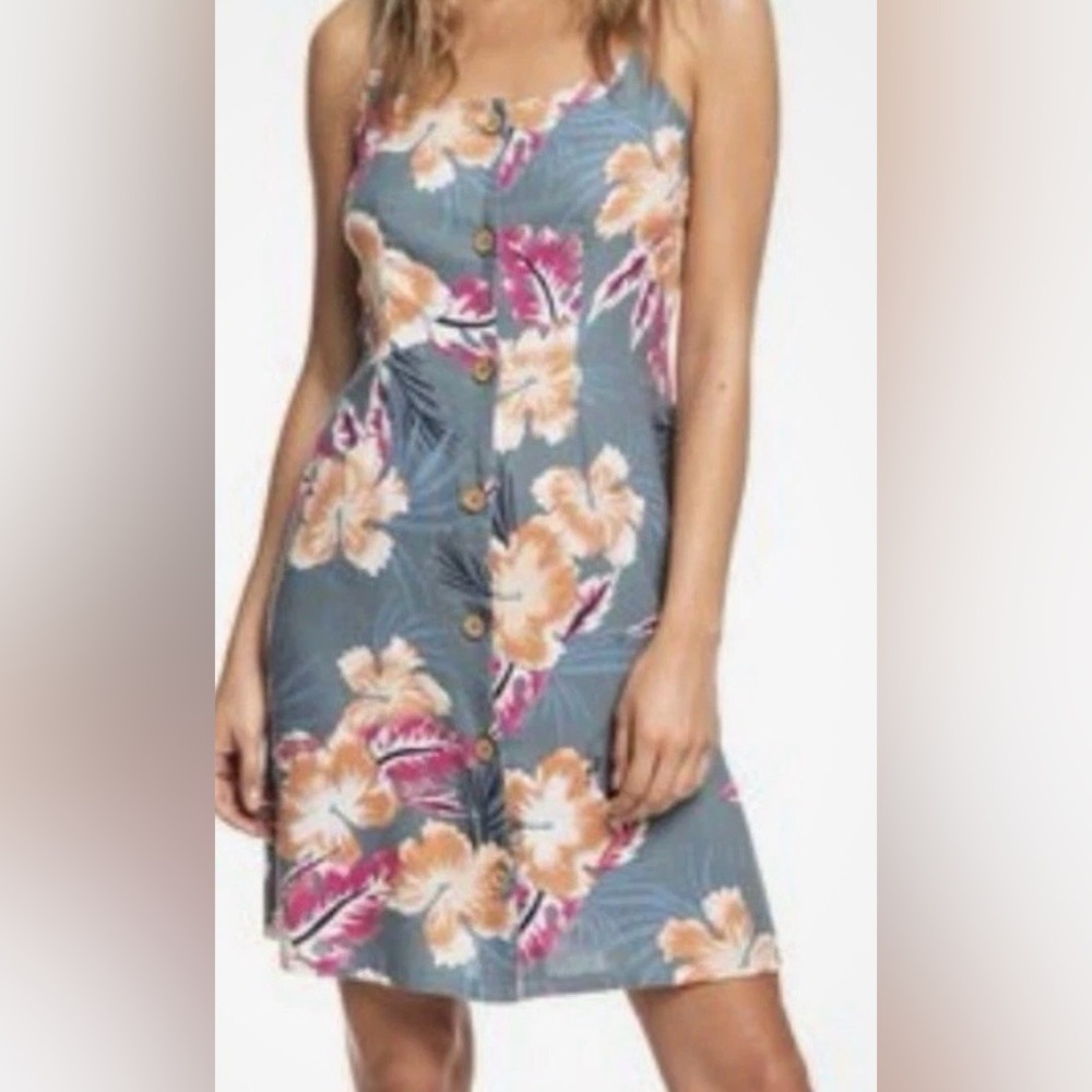 Roxy Tropical Floral Mini Dress sz L Pink & Teal,Forest Fairy,Hippie,Dark,Beachy
